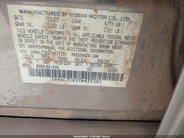 Aukcja sprzedaży 2007 Nissan Altima 2.5 S, vin: 1N4AL21E37N433395, numer aukcji: 45754604