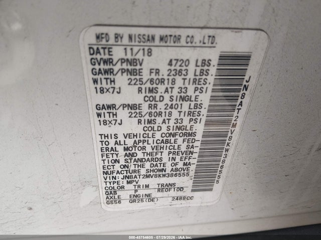 45754605 :رقم المزاد ، JN8AT2MV8KW386555 vin ، 2019 Nissan Rogue Sv مزاد بيع