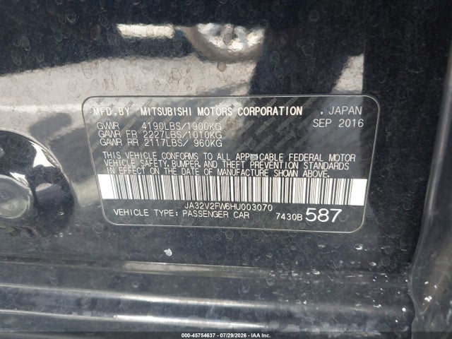 Aukcja sprzedaży 2017 Mitsubishi Lancer Sel, vin: JA32V2FW6HU003070, numer aukcji: 45754637