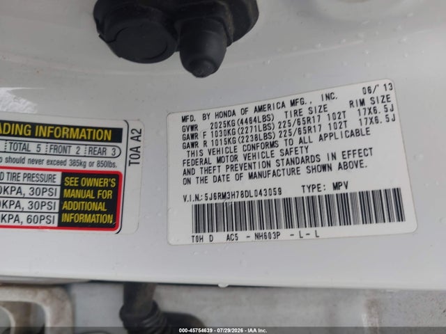 2013 Honda Cr-v Ex-l მანქანა იყიდება აუქციონზე, vin: 5J6RM3H78DL043059, აუქციონის ნომერი: 45754639