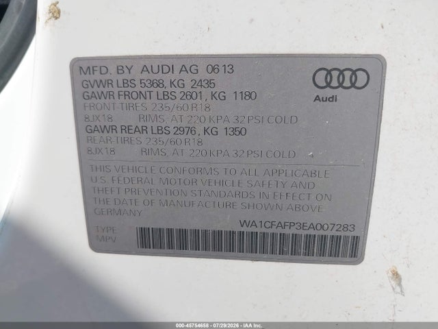 Продаж на аукціоні авто 2014 Audi Q5 2.0t Premium, vin: WA1CFAFP3EA007283, номер лоту: 45754658