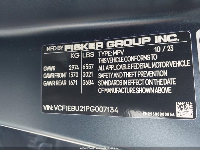 Aukcja sprzedaży 2023 Fisker Ocean Extreme, vin: VCF1EBU21PG007134, numer aukcji: 45754663