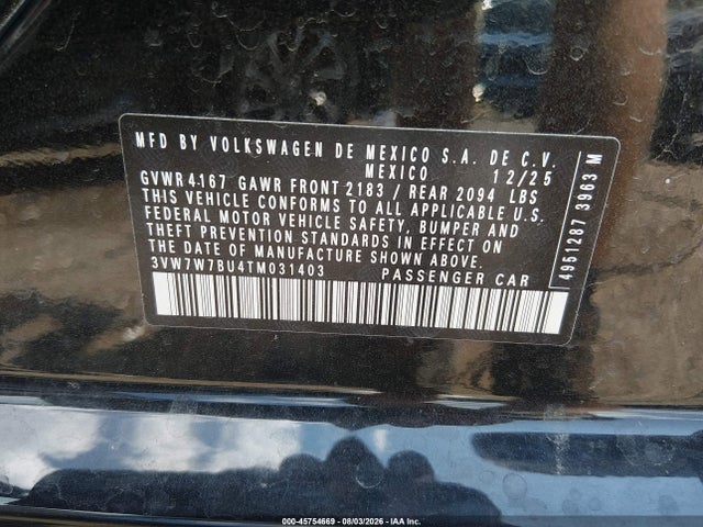 45754669 :رقم المزاد ، 3VW7W7BU4TM031403 vin ، 2026 Volkswagen Jetta Se مزاد بيع