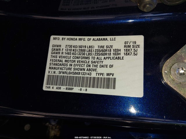 Продажа на аукционе авто 2019 Honda Odyssey Ex, vin: 5FNRL6H58KB133143, номер лота: 45754682