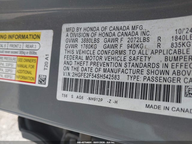 2025 Honda Civic Sport მანქანა იყიდება აუქციონზე, vin: 2HGFE2F54SH542583, აუქციონის ნომერი: 45754685