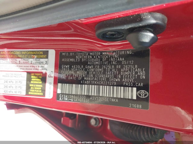Aukcja sprzedaży 2012 Toyota Camry Le, vin: 4T4BF1FK4CR221279, numer aukcji: 45754694