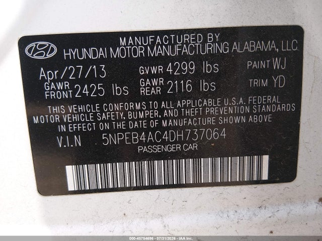 Продажа на аукционе авто 2013 Hyundai Sonata Gls, vin: 5NPEB4AC4DH737064, номер лота: 45754696
