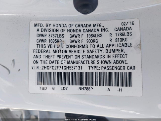2016 Honda Civic Ex მანქანა იყიდება აუქციონზე, vin: 2HGFC2F71GH537131, აუქციონის ნომერი: 45754725