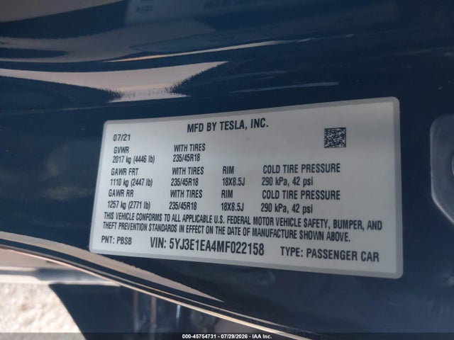 2021 Tesla Model 3 Standard Range Plus Rear-wheel Drive მანქანა იყიდება აუქციონზე, vin: 5YJ3E1EA4MF022158, აუქციონის ნომერი: 45754731