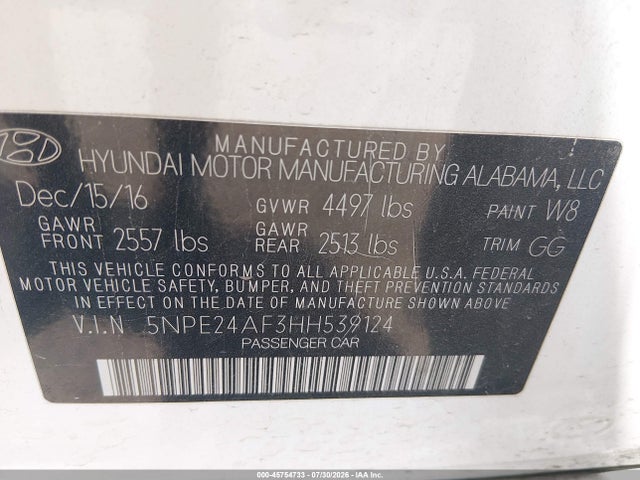 45754733 :رقم المزاد ، 5NPE24AF3HH539124 vin ، 2017 Hyundai Sonata Se مزاد بيع