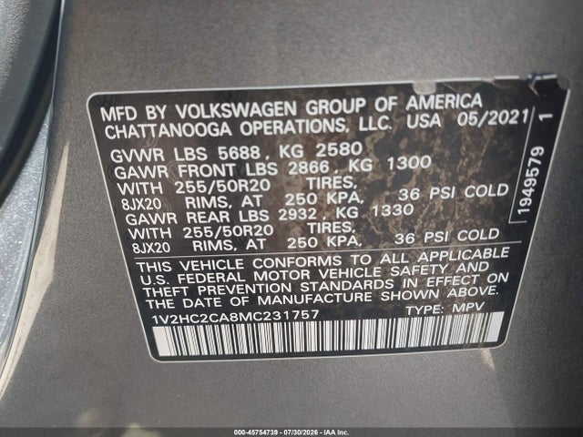 Продаж на аукціоні авто 2021 Volkswagen Atlas Cross Sport 2.0t Se W/technology, vin: 1V2HC2CA8MC231757, номер лоту: 45754739