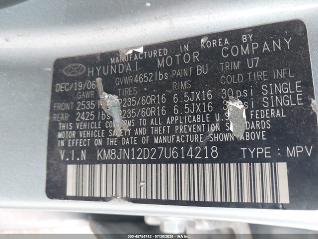 45754742 :رقم المزاد ، KM8JN12D27U614218 vin ، 2007 Hyundai Tucson Limited/se مزاد بيع