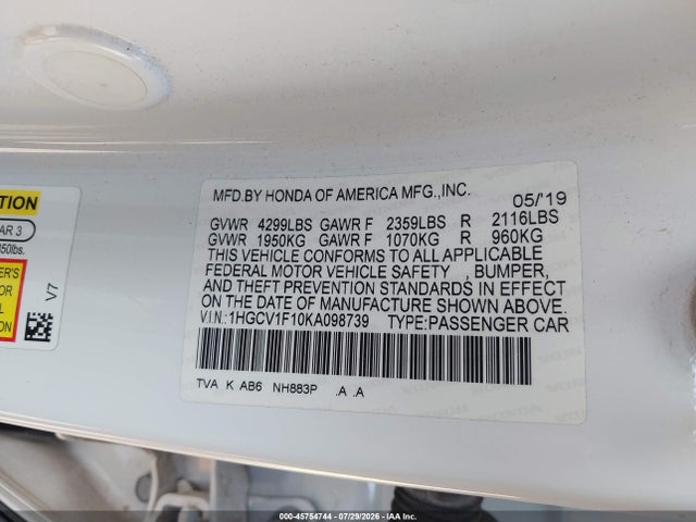 Aukcja sprzedaży 2019 Honda Accord Lx, vin: 1HGCV1F10KA098739, numer aukcji: 45754744