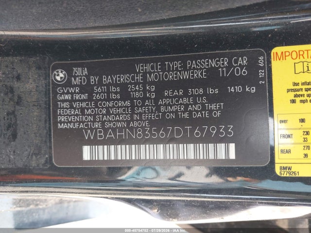 45754752 :رقم المزاد ، WBAHN83567DT67933 vin ، 2007 Bmw 750li مزاد بيع