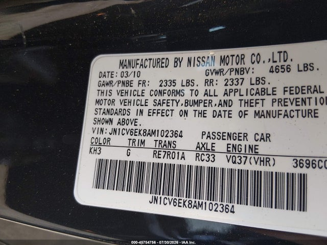 Продажа на аукционе авто 2010 Infiniti G37 Journey, vin: JN1CV6EK8AM102364, номер лота: 45754756