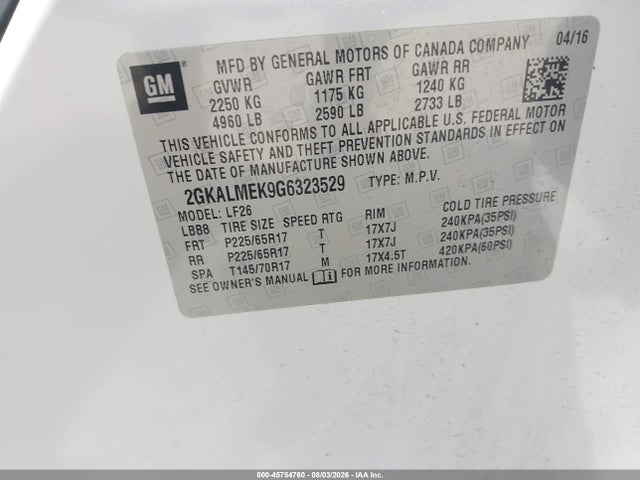 Aukcja sprzedaży 2016 Gmc Terrain Sle-1, vin: 2GKALMEK9G6323529, numer aukcji: 45754760