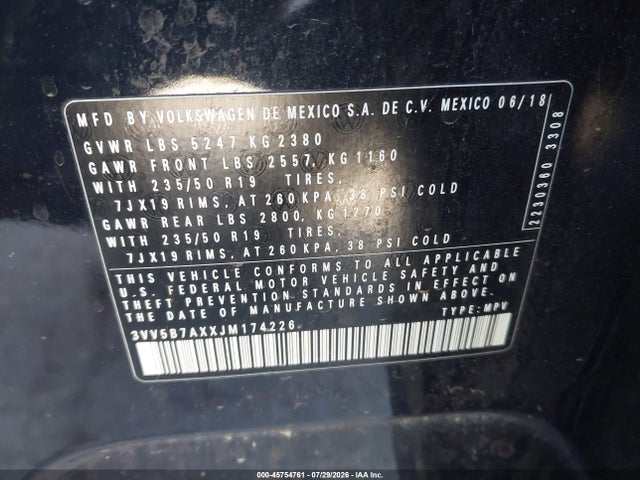 2018 Volkswagen Tiguan 2.0t Sel Premium მანქანა იყიდება აუქციონზე, vin: 3VV5B7AXXJM174226, აუქციონის ნომერი: 45754761