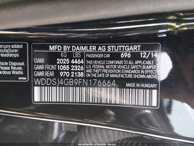 45754765 :رقم المزاد ، WDDSJ4GB9FN176664 vin ، 2015 Mercedes-benz Cla 250 4matic مزاد بيع