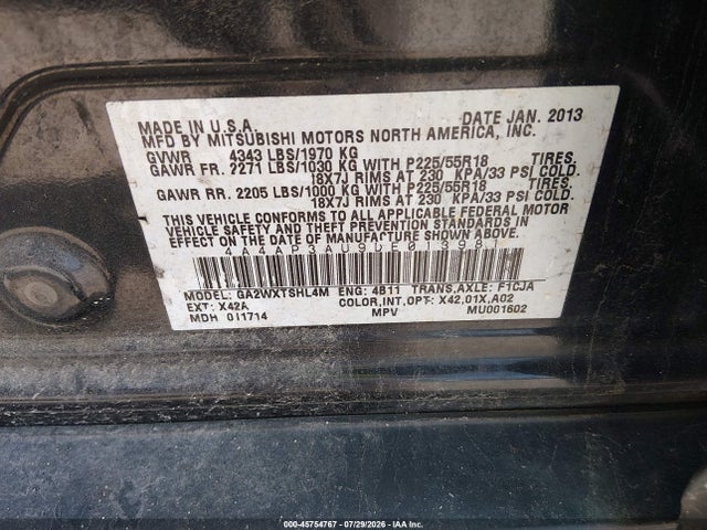 2013 Mitsubishi Outlander Sport Es მანქანა იყიდება აუქციონზე, vin: 4A4AP3AU9DE013981, აუქციონის ნომერი: 45754767