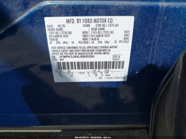 45754770 :رقم المزاد ، 2FMPK3J9XLBB05280 vin ، 2020 Ford Edge Sel مزاد بيع
