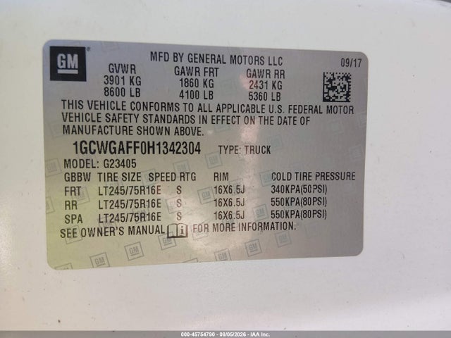 Продаж на аукціоні авто 2017 Chevrolet Express G2500, vin: 1GCWGAFF0H1342304, номер лоту: 45754790