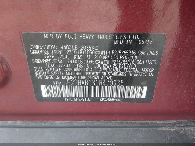 2012 Subaru Forester 2.5x მანქანა იყიდება აუქციონზე, vin: JF2SHABC3CH470335, აუქციონის ნომერი: 45754791