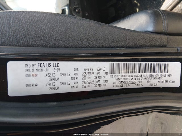 2020 Dodge Durango Gt Plus Rwd მანქანა იყიდება აუქციონზე, vin: 1C4RDHDG3LC119097, აუქციონის ნომერი: 45754800