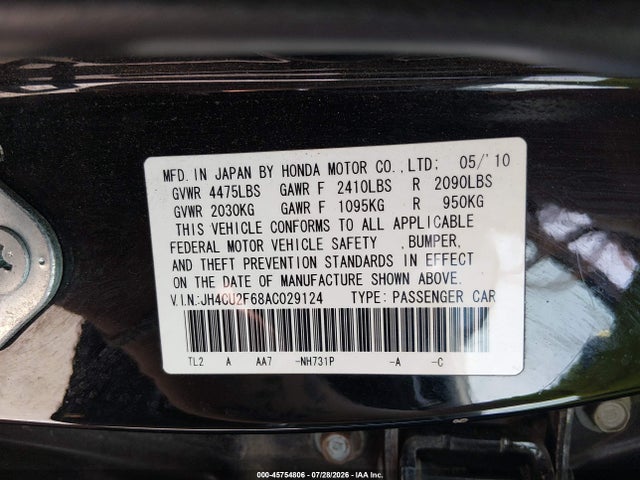 45754806 :رقم المزاد ، JH4CU2F68AC029124 vin ، 2010 Acura Tsx 2.4 مزاد بيع