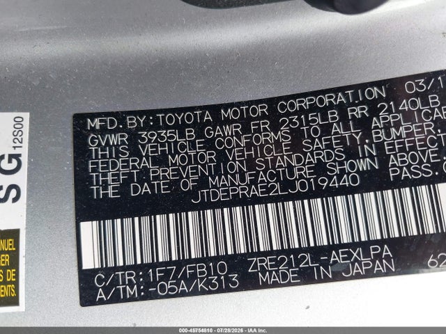 45754810 :رقم المزاد ، JTDEPRAE2LJ019440 vin ، 2020 Toyota Corolla Le مزاد بيع