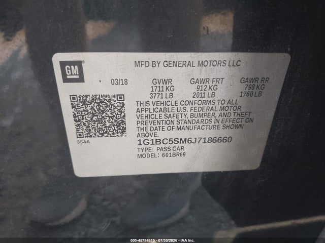 2018 Chevrolet Cruze Ls Auto მანქანა იყიდება აუქციონზე, vin: 1G1BC5SM6J7186660, აუქციონის ნომერი: 45754815