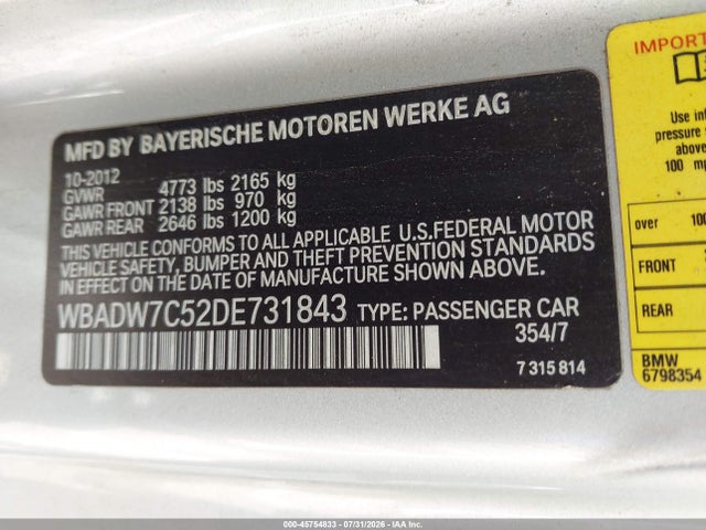 2013 Bmw 328i მანქანა იყიდება აუქციონზე, vin: WBADW7C52DE731843, აუქციონის ნომერი: 45754833