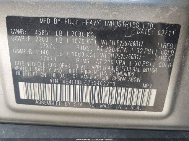 Aukcja sprzedaży 2011 Subaru Outback 2.5i Limited, vin: 4S4BRBLC7B3402210, numer aukcji: 45754841