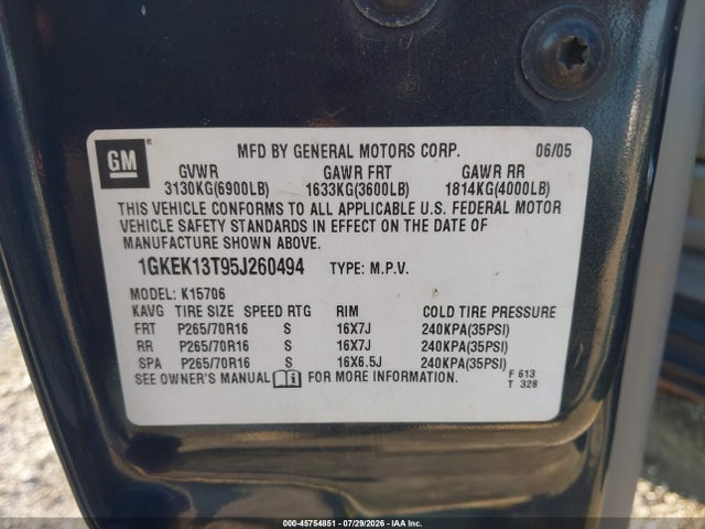 45754851 :رقم المزاد ، 1GKEK13T95J260494 vin ، 2005 Gmc Yukon Sle مزاد بيع