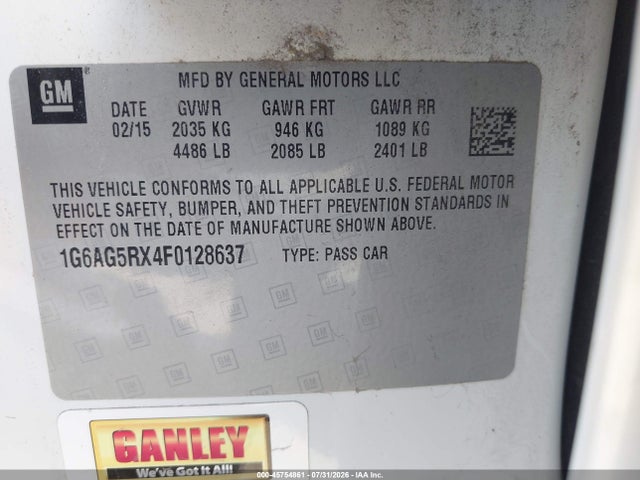 45754861 :رقم المزاد ، 1G6AG5RX4F0128637 vin ، 2015 Cadillac Ats Standard مزاد بيع