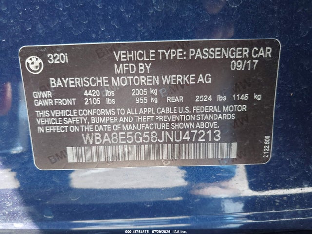 2018 Bmw 320i Xdrive მანქანა იყიდება აუქციონზე, vin: WBA8E5G58JNU47213, აუქციონის ნომერი: 45754875