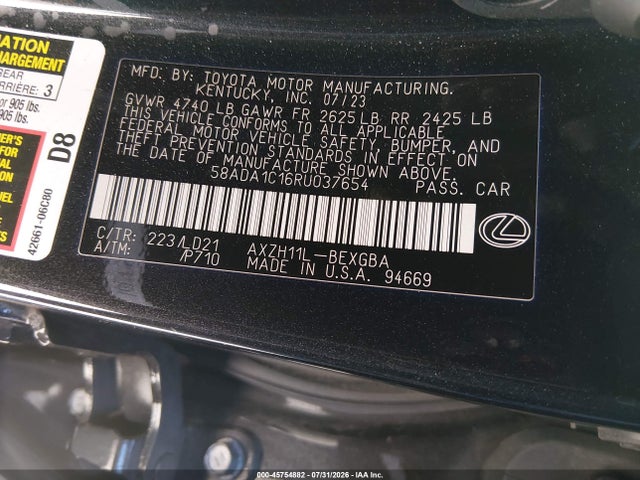 Aukcja sprzedaży 2024 Lexus Es 300h, vin: 58ADA1C16RU037654, numer aukcji: 45754882