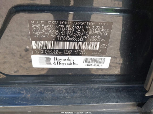 45754890 :رقم المزاد ، JTHBL46F485063831 vin ، 2008 Lexus Ls 460 مزاد بيع
