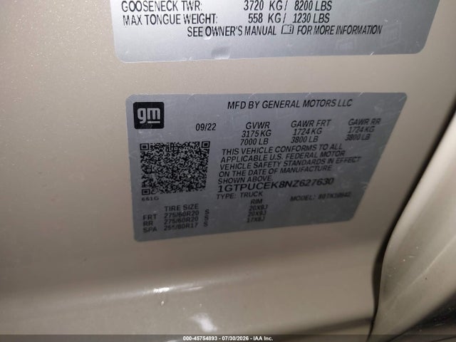 2022 Gmc Sierra 1500 მანქანა იყიდება აუქციონზე, vin: 1GTPUCEK8NZ627630, აუქციონის ნომერი: 45754893