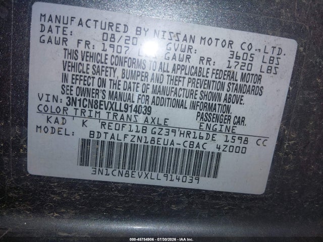 Auction sale of the 2020 Nissan Versa Sv Xtronic Cvt, vin: 3N1CN8EVXLL914039, lot number: 45754906
