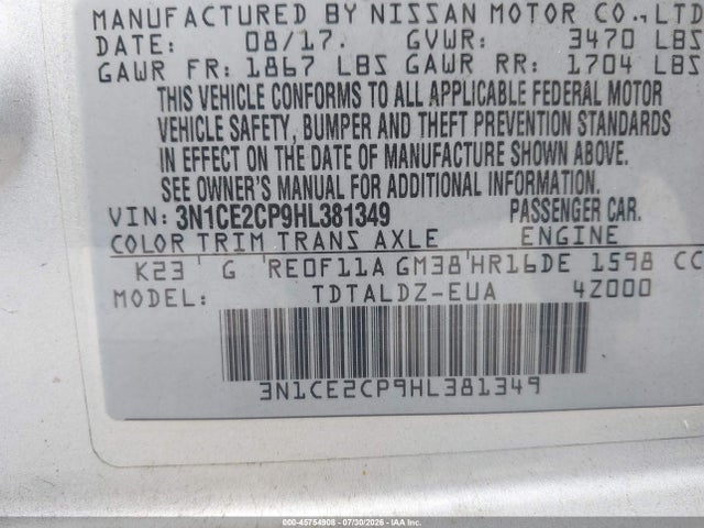 Продажа на аукционе авто 2017 Nissan Versa Note Sv, vin: 3N1CE2CP9HL381349, номер лота: 45754908