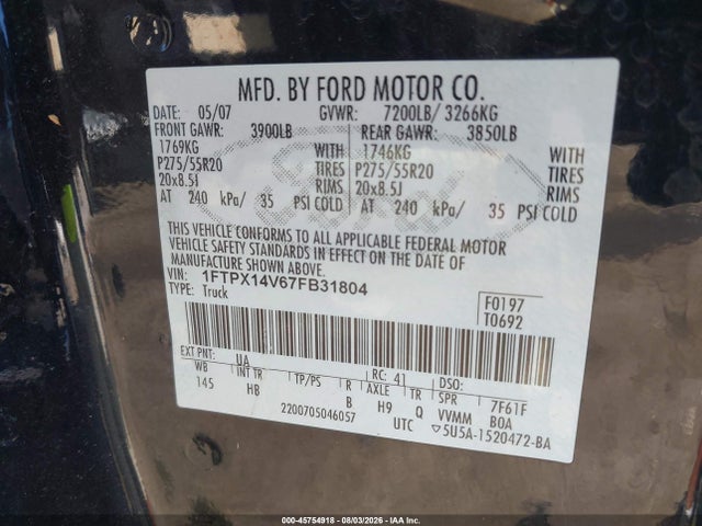 45754918 :رقم المزاد ، 1FTPX14V67FB31804 vin ، 2007 Ford F-150 Fx4/lariat/xl/xlt مزاد بيع