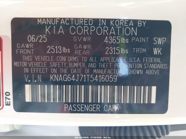Aukcja sprzedaży 2026 Kia K5 Gt-line Fwd, vin: KNAG64J71T5416059, numer aukcji: 45754926