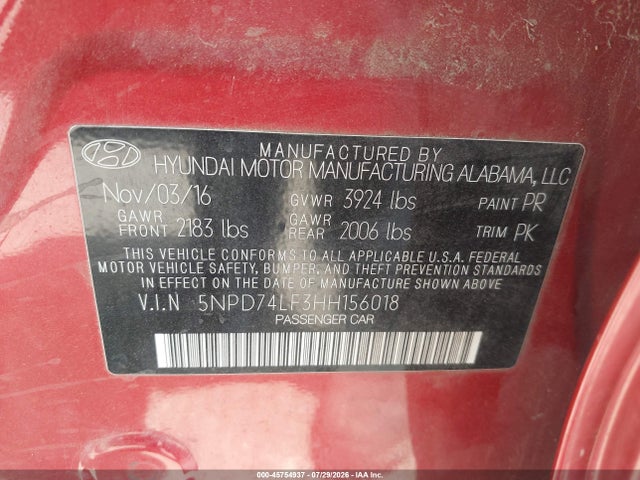 Aukcja sprzedaży 2017 Hyundai Elantra Se, vin: 5NPD74LF3HH156018, numer aukcji: 45754937