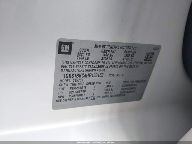 45754941 :رقم المزاد ، 1GKS1BKC4HR133168 vin ، 2017 Gmc Yukon Slt مزاد بيع