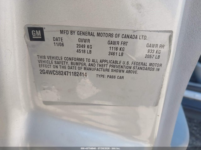Продаж на аукціоні авто 2007 Buick Lacrosse Cx, vin: 2G4WC582471182414, номер лоту: 45754946