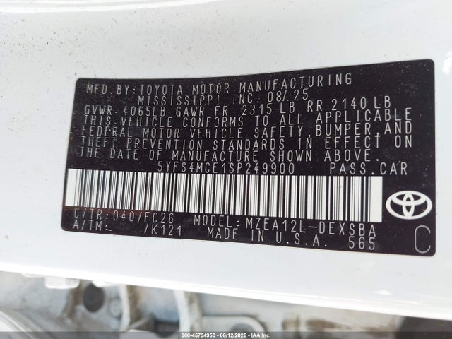 45754950 :رقم المزاد ، 5YFS4MCE1SP249900 vin ، 2025 Toyota Corolla Se مزاد بيع
