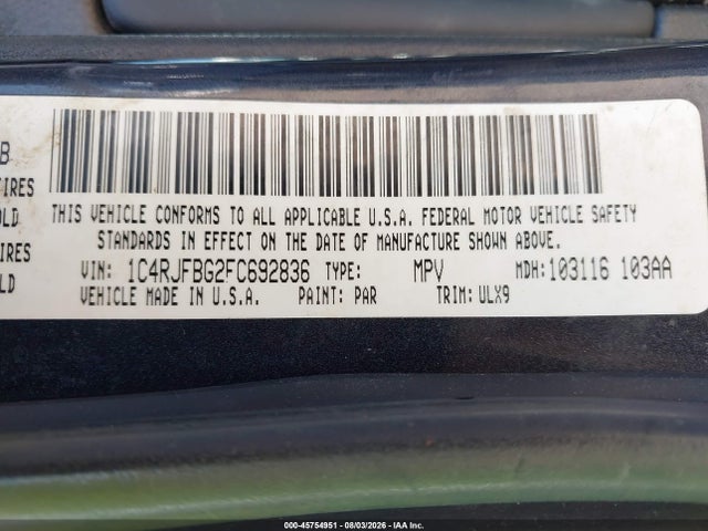 2015 Jeep Grand Cherokee Limited მანქანა იყიდება აუქციონზე, vin: 1C4RJFBG2FC692836, აუქციონის ნომერი: 45754951