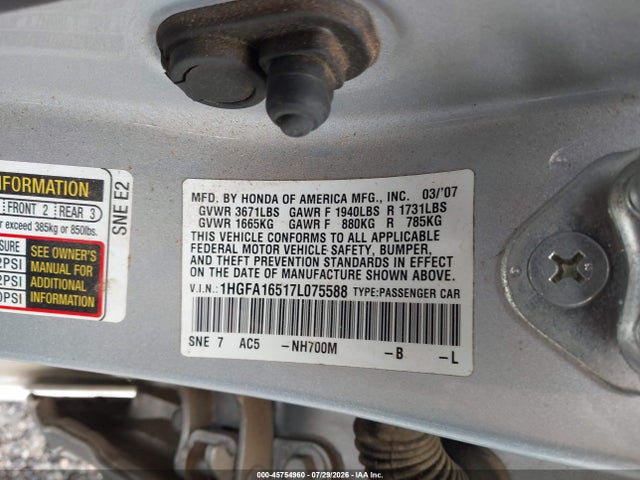 45754960 :رقم المزاد ، 1HGFA16517L075588 vin ، 2007 Honda Civic Lx مزاد بيع
