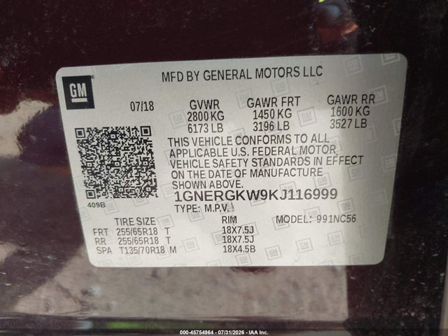Продажа на аукционе авто 2019 Chevrolet Traverse 1lt, vin: 1GNERGKW9KJ116999, номер лота: 45754964