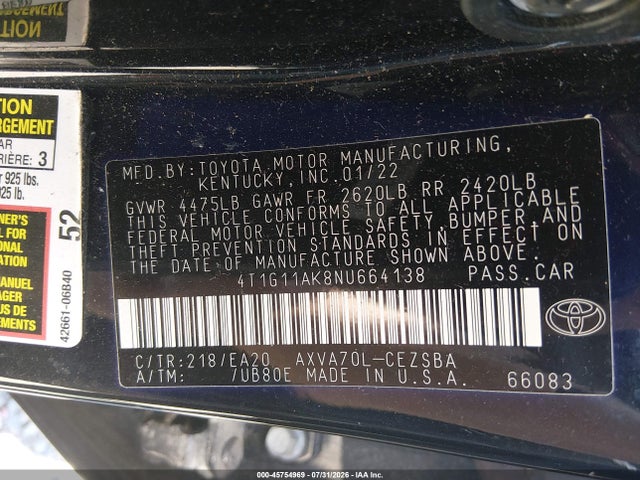 Aukcja sprzedaży 2022 Toyota Camry Se, vin: 4T1G11AK8NU664138, numer aukcji: 45754969